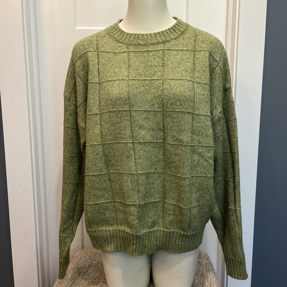 La Miel Long Sleeve Knit Windowpane Checked Crew Neck Sweater Women's Sz L Green